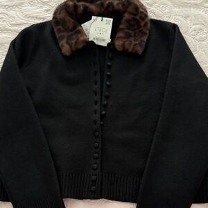 ZARABlack Cardigan with Faux Fur Collar